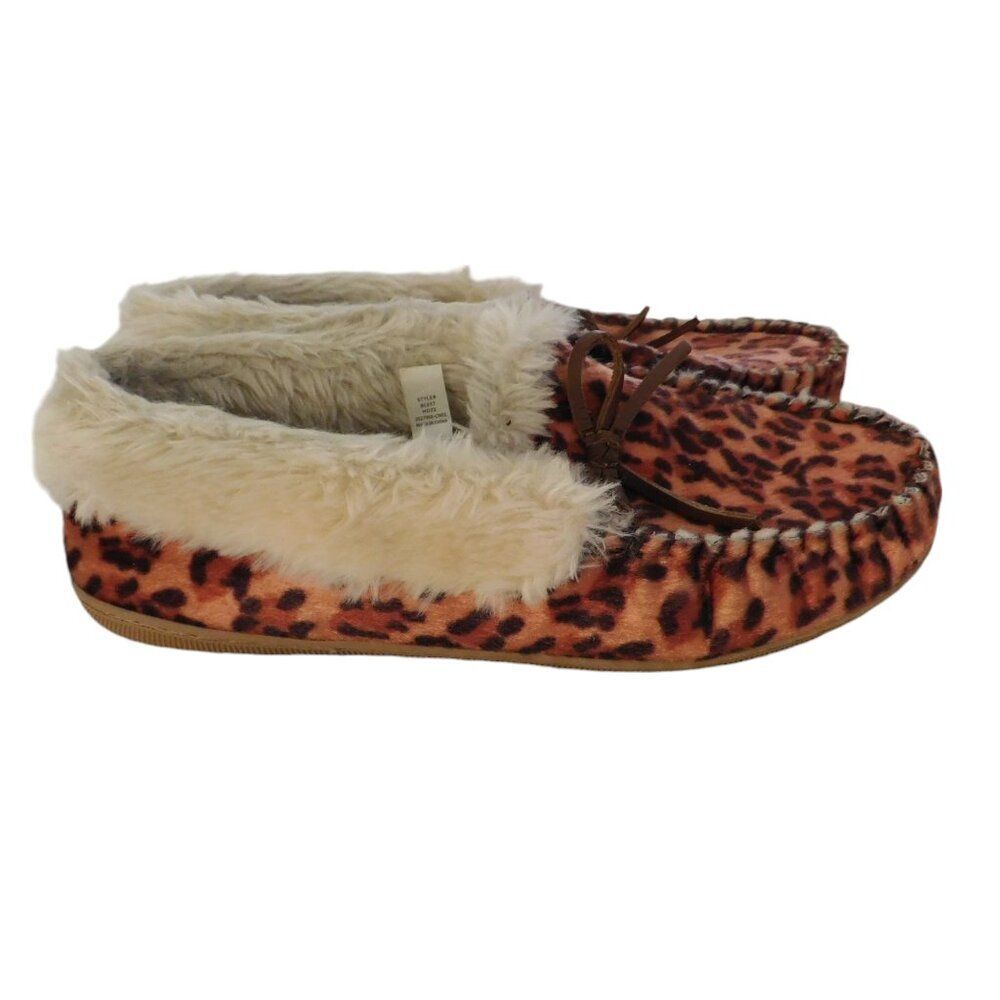 J Crew Fur Lined Moccasin Slippers Women’s 8 Leopard House‎ Shoes